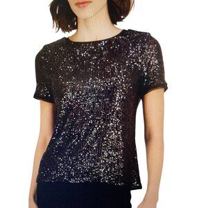 Anne Klein Women's Sequined T-Shirt Black Crew Neck XS